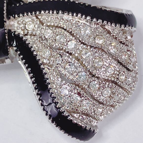Signed Graziano Silver Tone Black Enamel Rhinestone Bow Brooch Vintage Designer - Picture 6 of 14